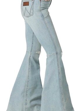 Wrangler Light Blue High-Rise Flared Jeans with Knee Distress